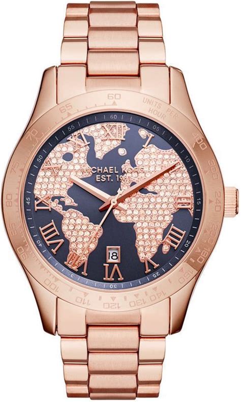 michael kors mk6395 layton damen 44mm 10atmgold mit dunklem ziffernblatt|Michael Kors Layton Blue Globe Dial Ladies Watch MK6395.